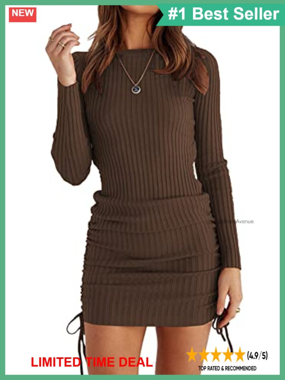 Ribbed Knit Bodycon Mini Sweater Dress Long Sleeve Ruched Drawstring